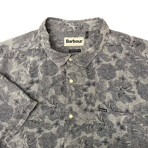 Barbour Floral Button Down Shirt Mens XL Grey Lyocell Linen Short Sleeve MSH5192